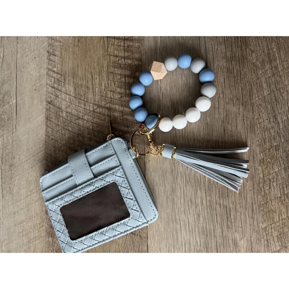 Light Blue Women's Wallet with Beaded Wristlet and Keychain
